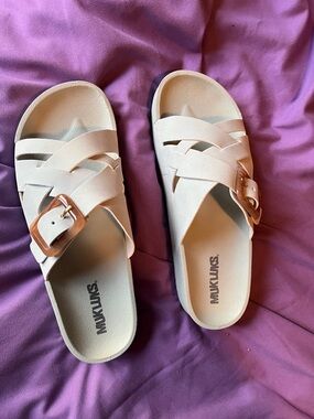 MUK LUKS Pale Pink Woven Slide Sandals with Buckle